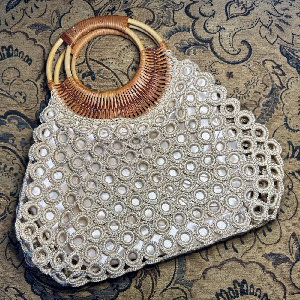 Cream and Brown Woven Tote with Curved Handle